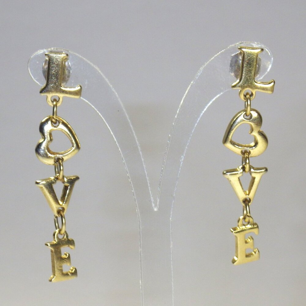 LOVE Pierced Earrings Gold Tone Dangle Heart Minimalist Bridesmaid Gift 1.25"